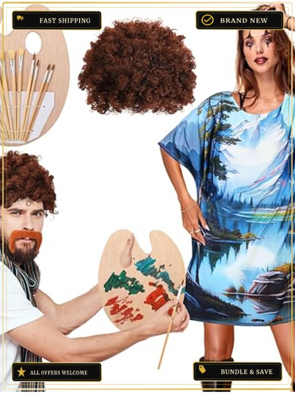 80s Painter Costume Set 16 Pcs Couples Halloween Landscape Dress Wig